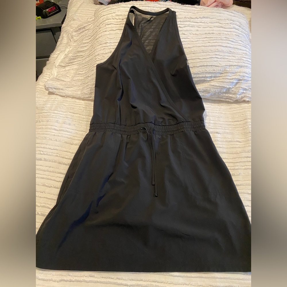 Athleta sporty “hiking” casual black dress. Skorts under.